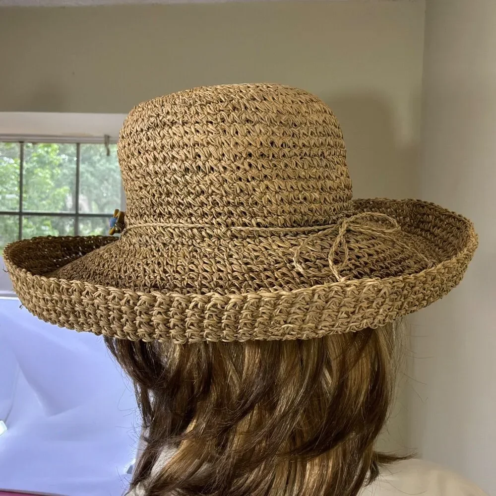 Women’s Summer Beaded Band Beach Straw Wide Brim Panama Style Sun Hat Adj. OS